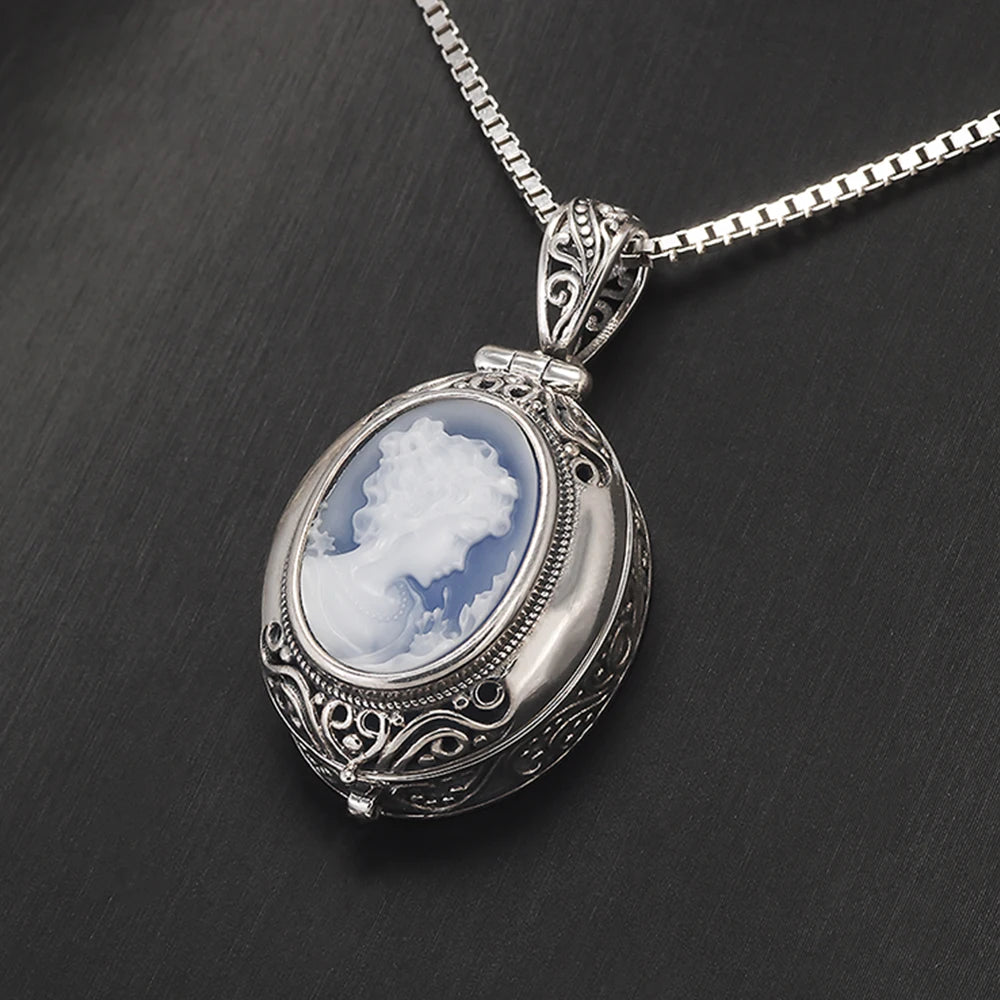 925 Sterling Silver Cameo Locket Necklace | Blue Agate White Shell