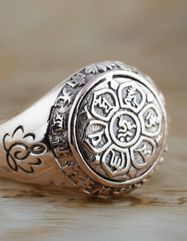 OM Buddhist Mantra Ring in 925 Sterling Silver | Lotus Mandala