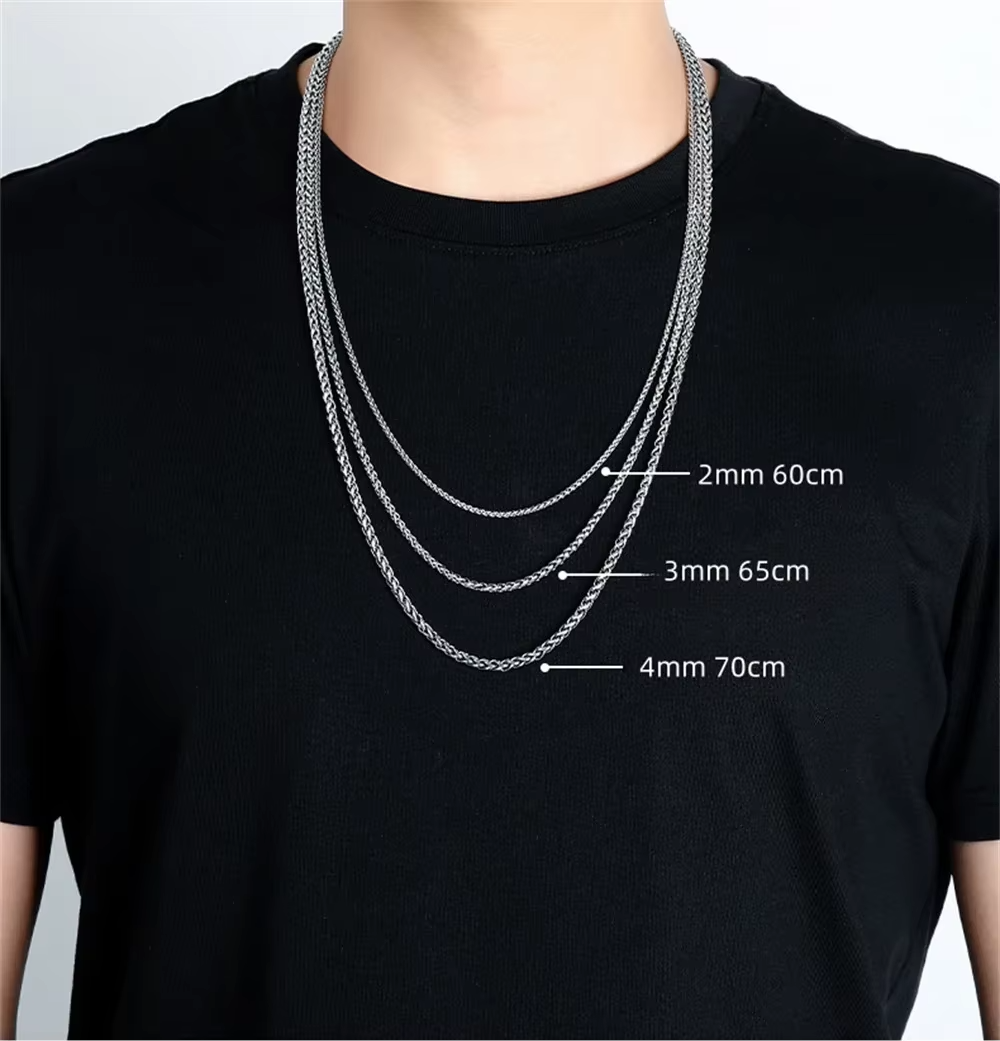 2mm 3mm 4mm thick wheat chain necklace front view