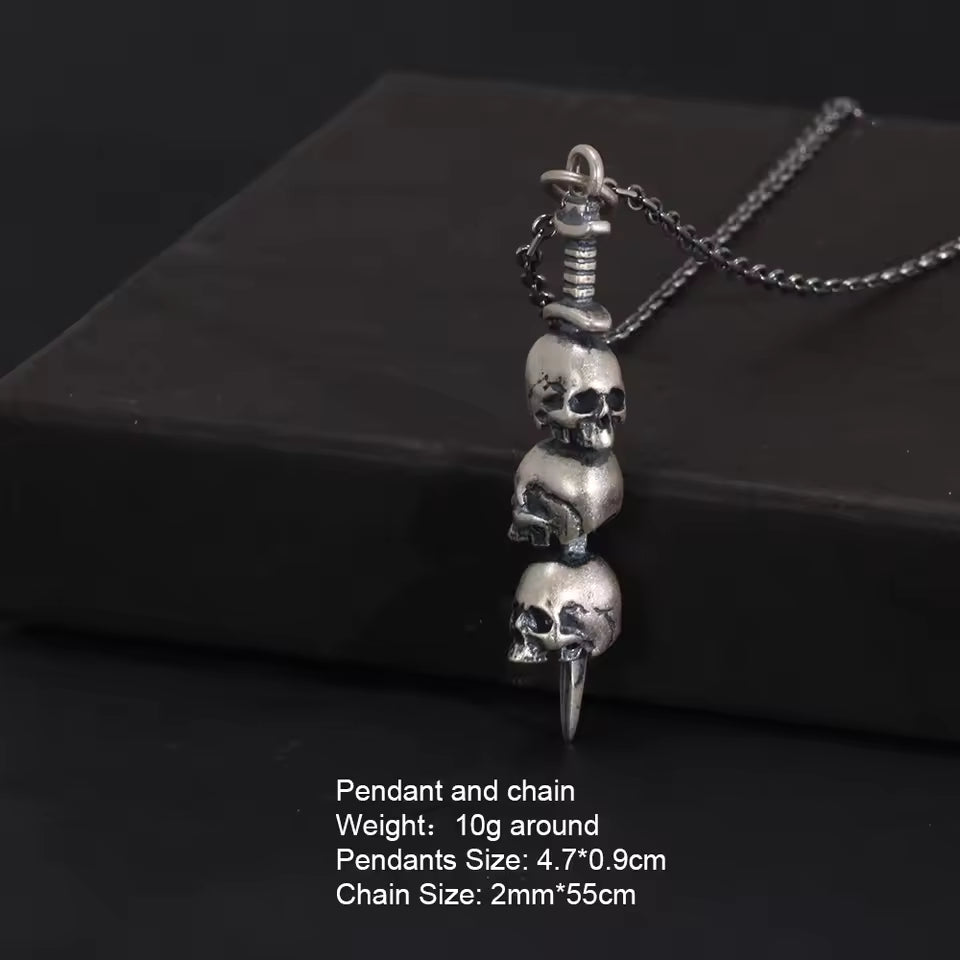 3 skulls on sword pendant necklace sterling silver