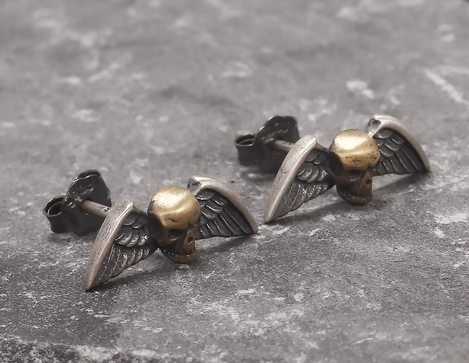 925 Sterling Silver Skull Stud Earrings with Angel Wings