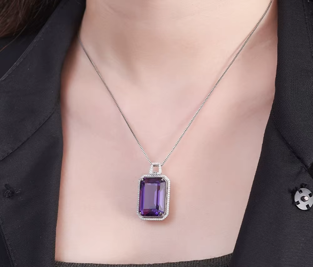 925 sterling silver amethyst pendant worn on female model