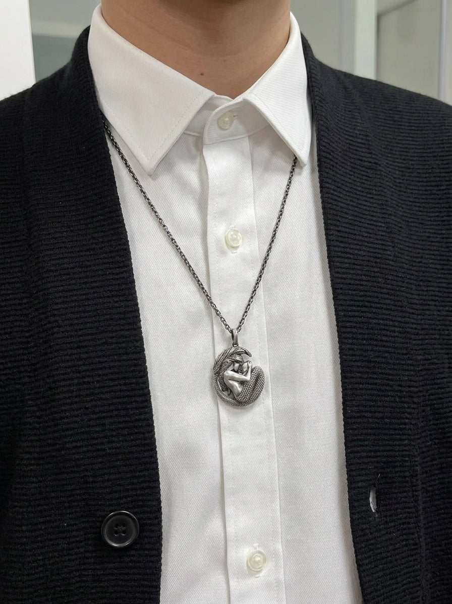 925 sterling silver mermaid pendant necklace on white shirt model