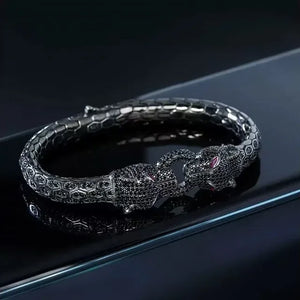 925 sterling silver panther head bracelet with black zircon and pink stone eyes