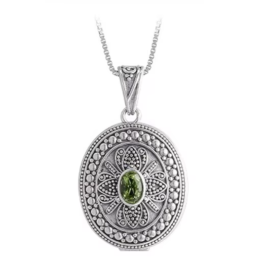 925 sterling silver peridot locket pendant white background