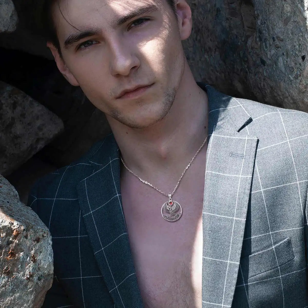 925 sterling silver phoenix pendant necklace on male model