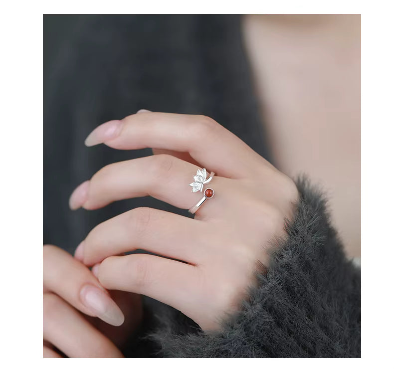 999 solid silver lotus ring worn on hand