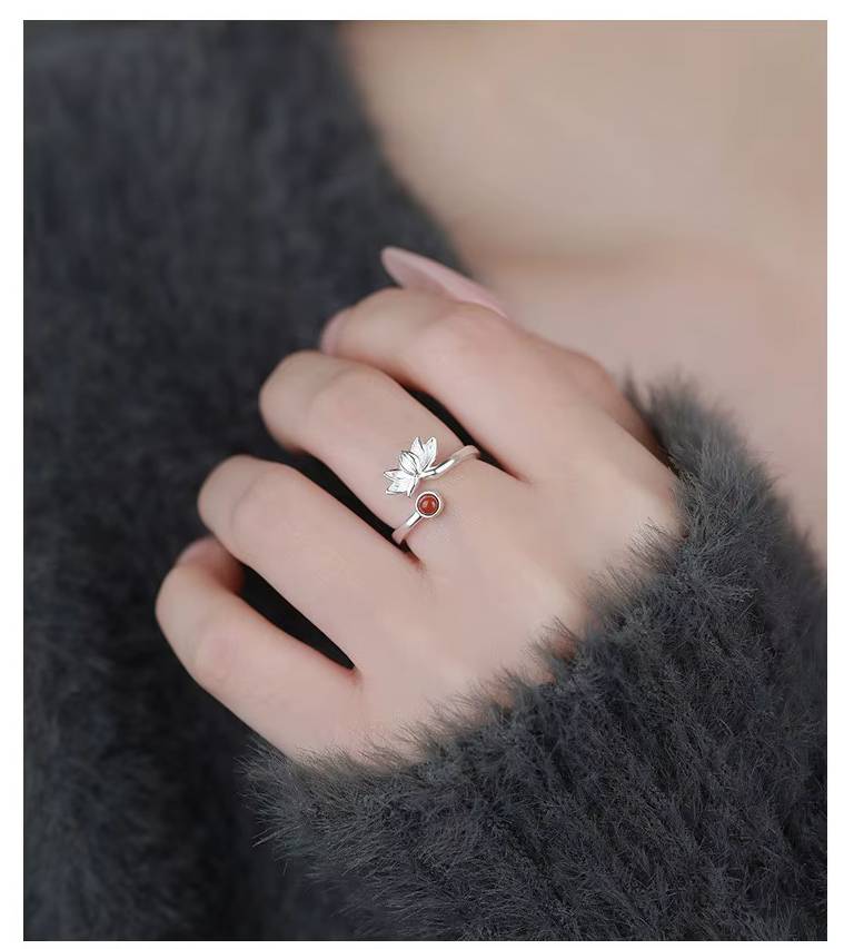999 solid silver lotus ring worn on hand