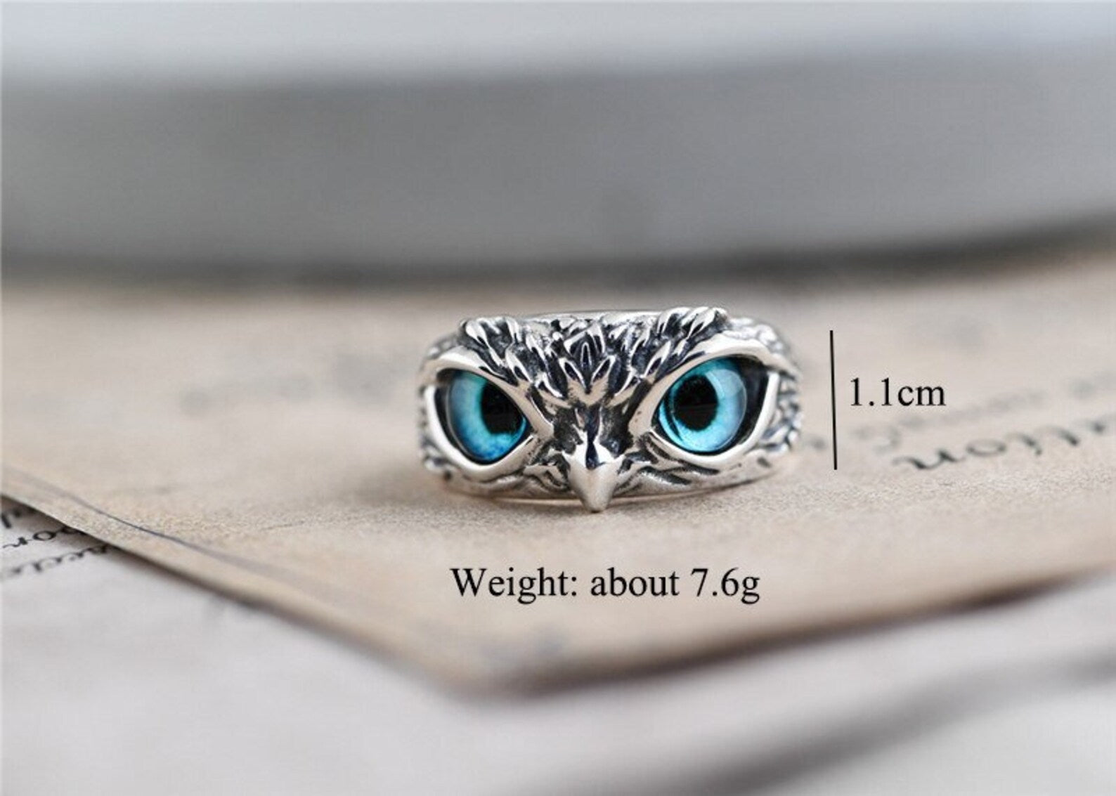 Adjustable 925 sterling silver owl ring front view