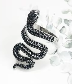 Adjustable black CZ snake ring
