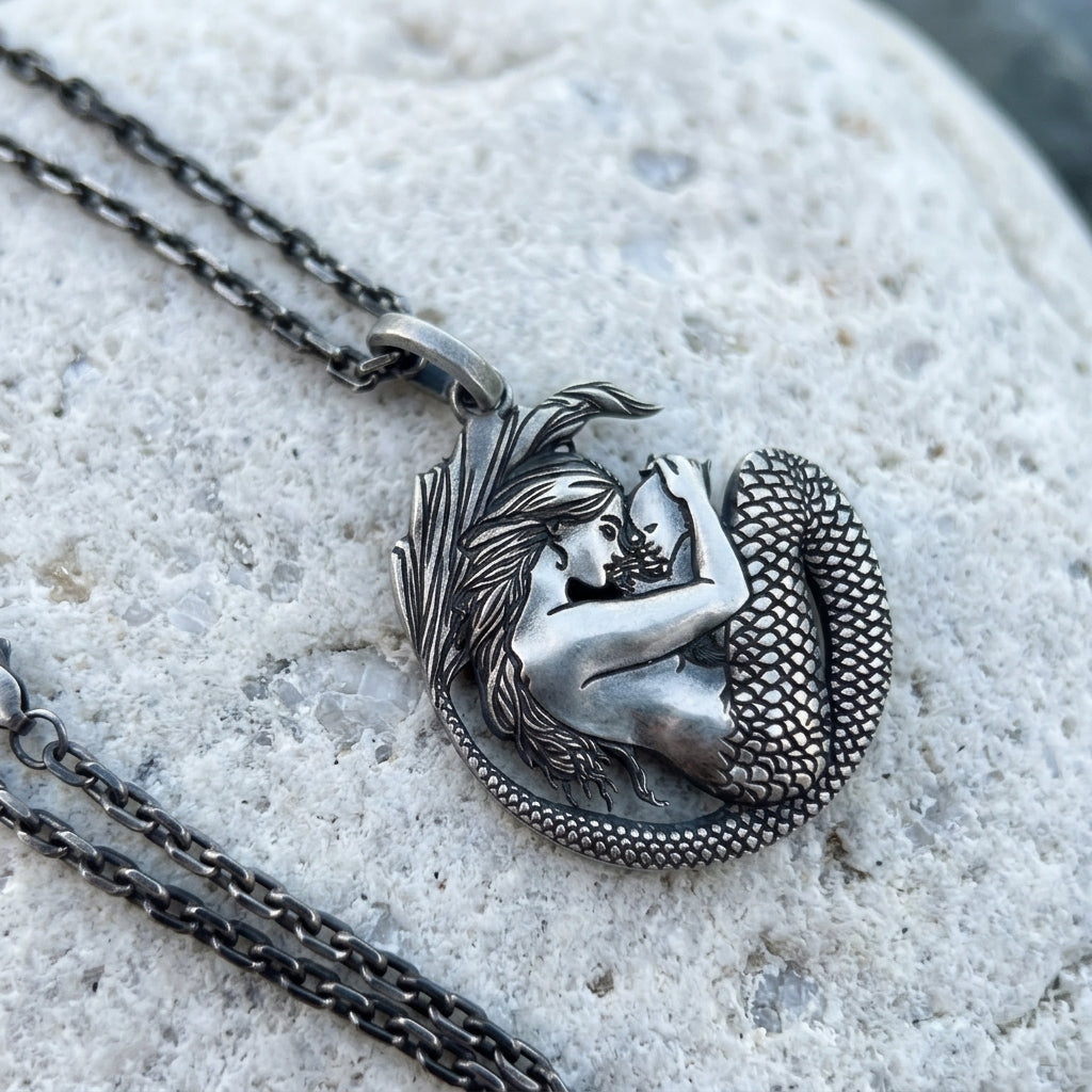 Antiqued 925 silver mermaid pendant displayed on dark textured rock