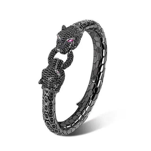 Black silver bangle bracelet, gothic biker style panther jewelry