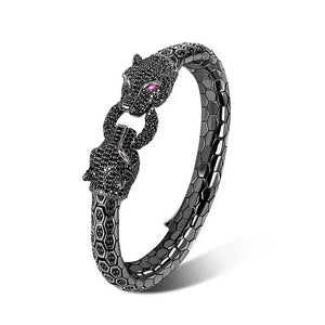 Black silver bangle bracelet, gothic biker style panther jewelry