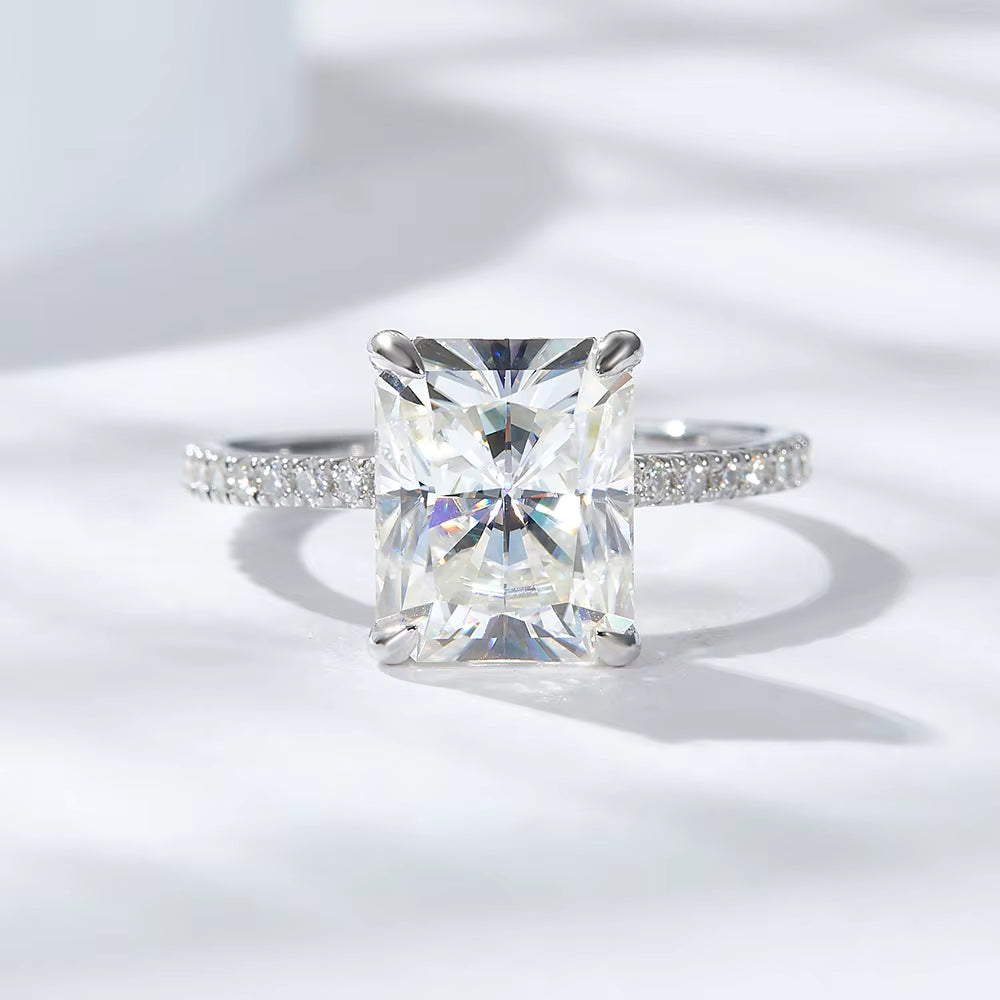 Brilliant moissanite ring close up in sterling silver