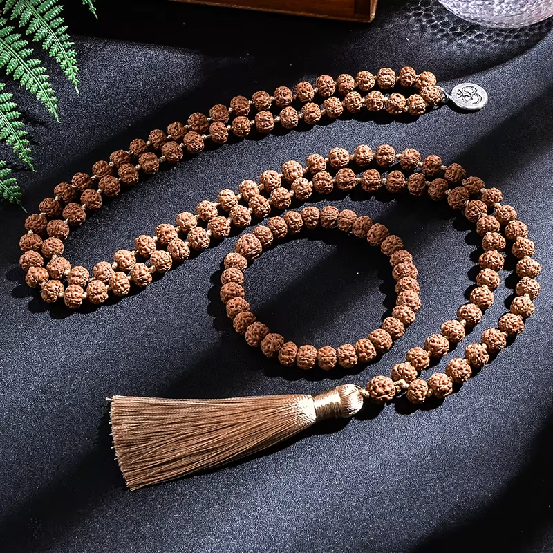 Close view of natural 7mm Rudraksha meditation beads