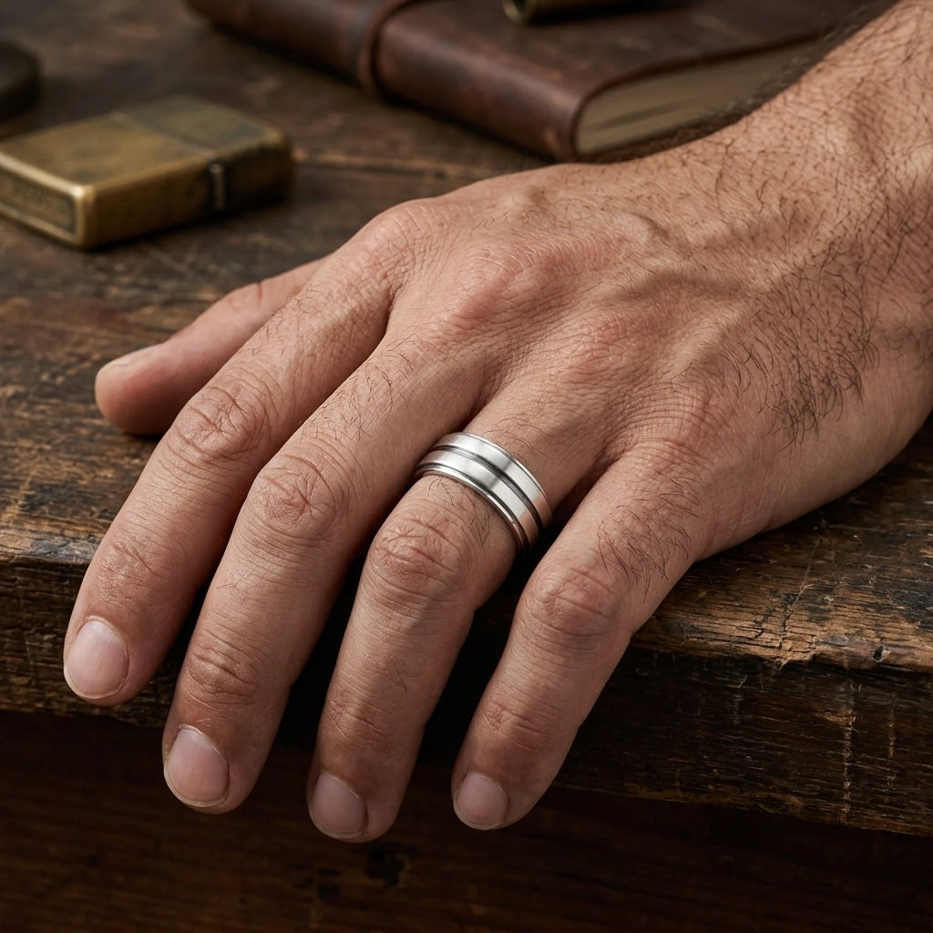 Authentic silver Supernatural family business ring worn on hand