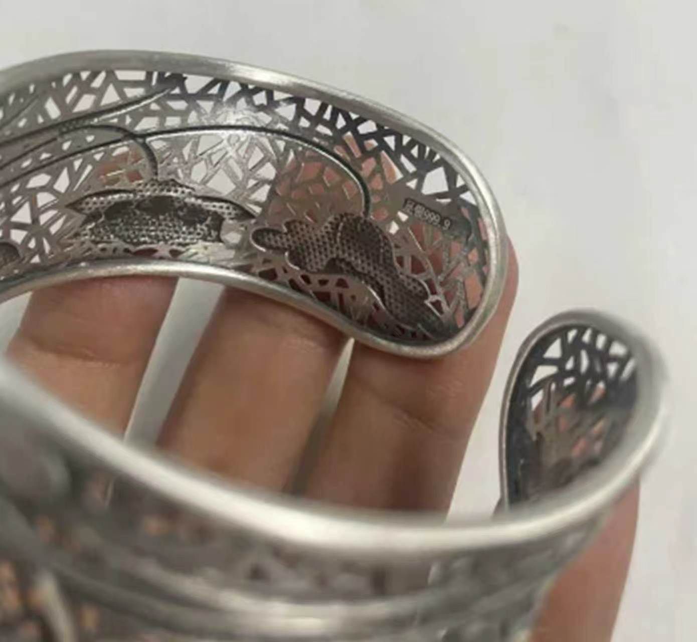 Detailed 26mm wide lotus bracelet made from fine silver 999 stamp