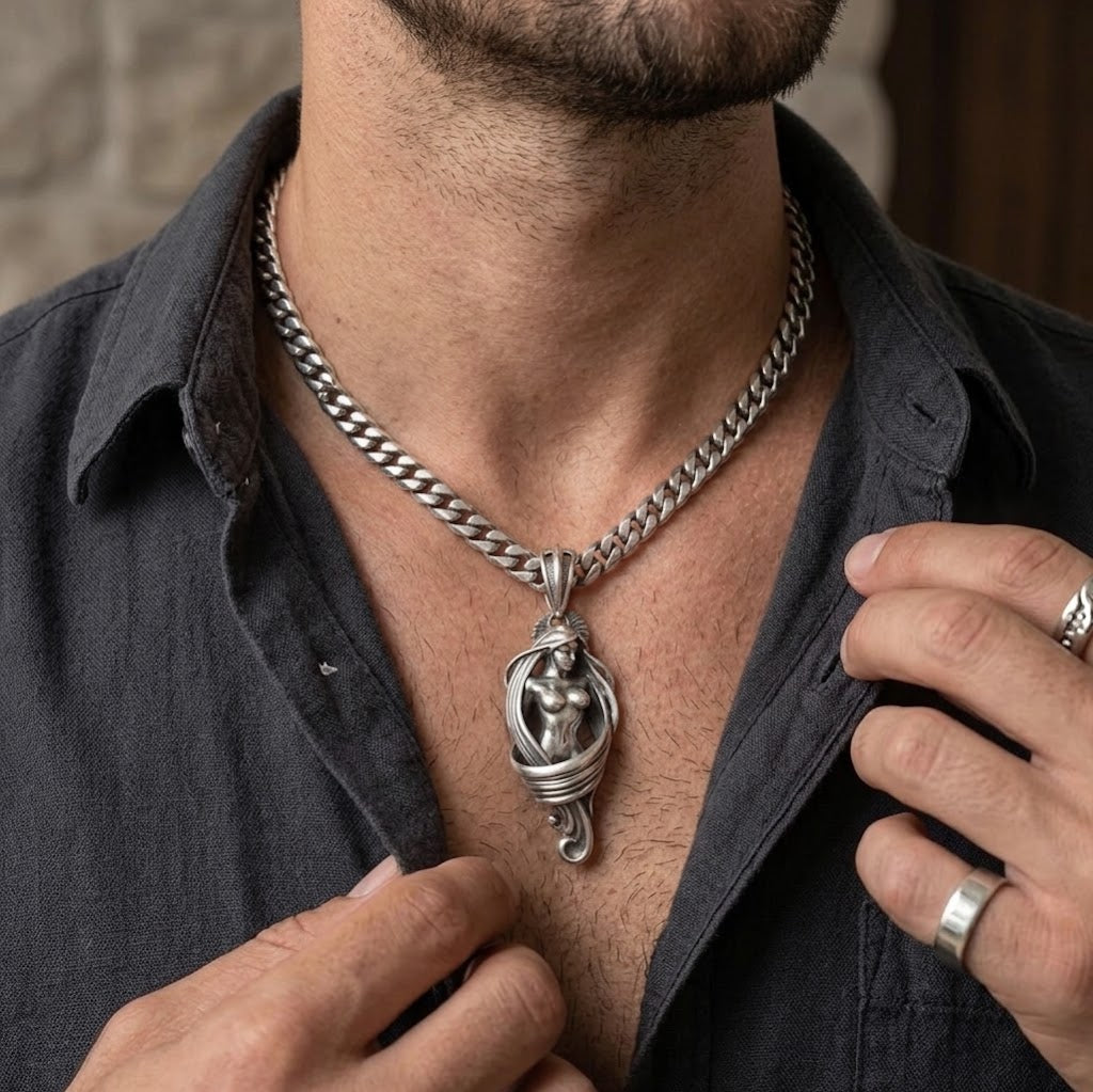 Detailed sterling silver Art Nouveau mermaid pendant necklace for men worn on a thick Cuban link chain