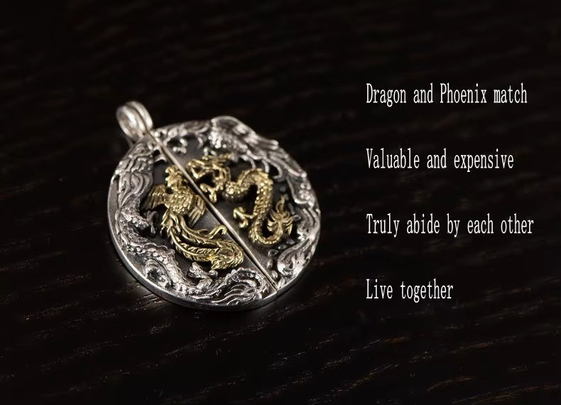 Dragon Phoenix sterling silver pendant showing dragon and phoenix symbolism