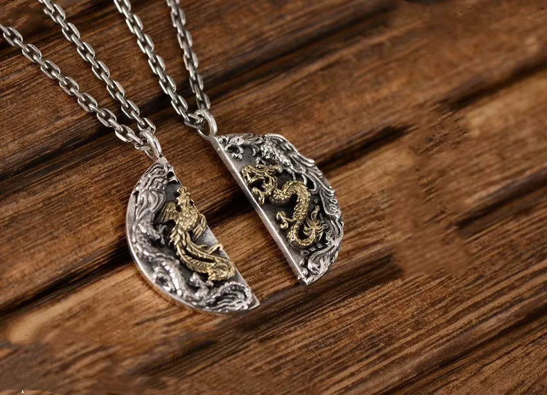 Dragon and Phoenix sterling silver pendant necklace front view