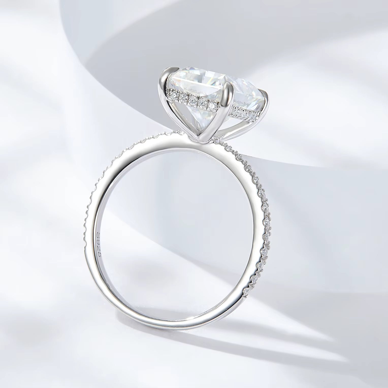 Elegant moissanite engagement ring side view