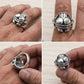 Four-panel collage displaying the ring being worn on a hand from multiple angles, including top, front, side, and inner band views