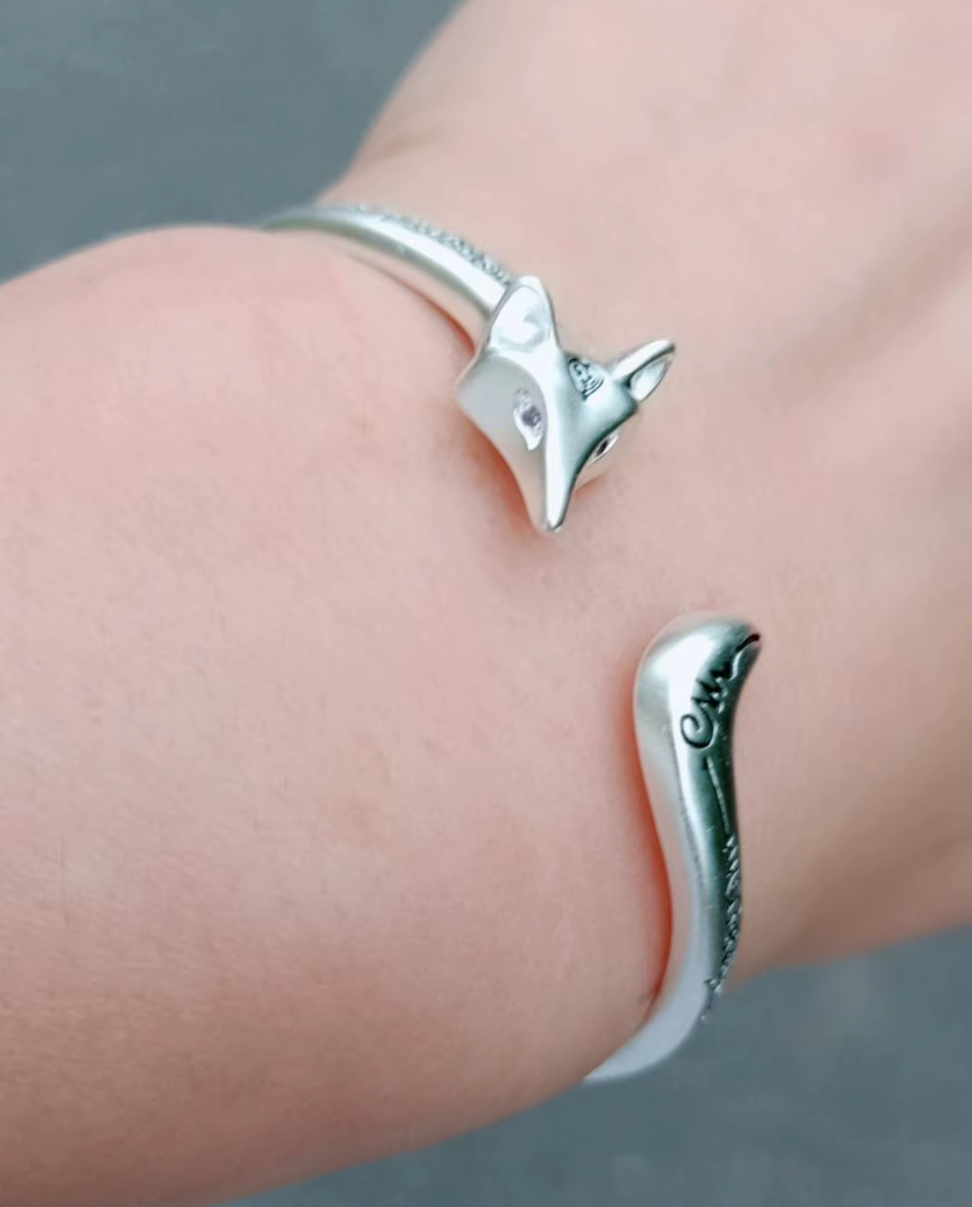 Fox bangle bracelet silver on wrist
