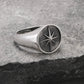 Front close up profile of oxidized silver North Star signet ring