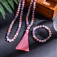 Rhodolite, Rose Quartz, Amethyst Mala buddhist necklace set