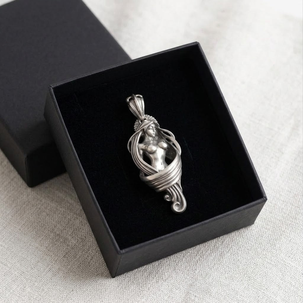 Handcrafted sterling silver Art Nouveau Nude Goddess Pendant Necklace in a minimalist black velvet-lined presentation jewelry gift box