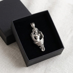 Handcrafted sterling silver Art Nouveau Nude Goddess Pendant Necklace in a minimalist black velvet-lined presentation jewelry gift box