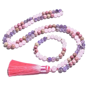 Rhodolite, Rose Quartz, Amethyst Mala necklace