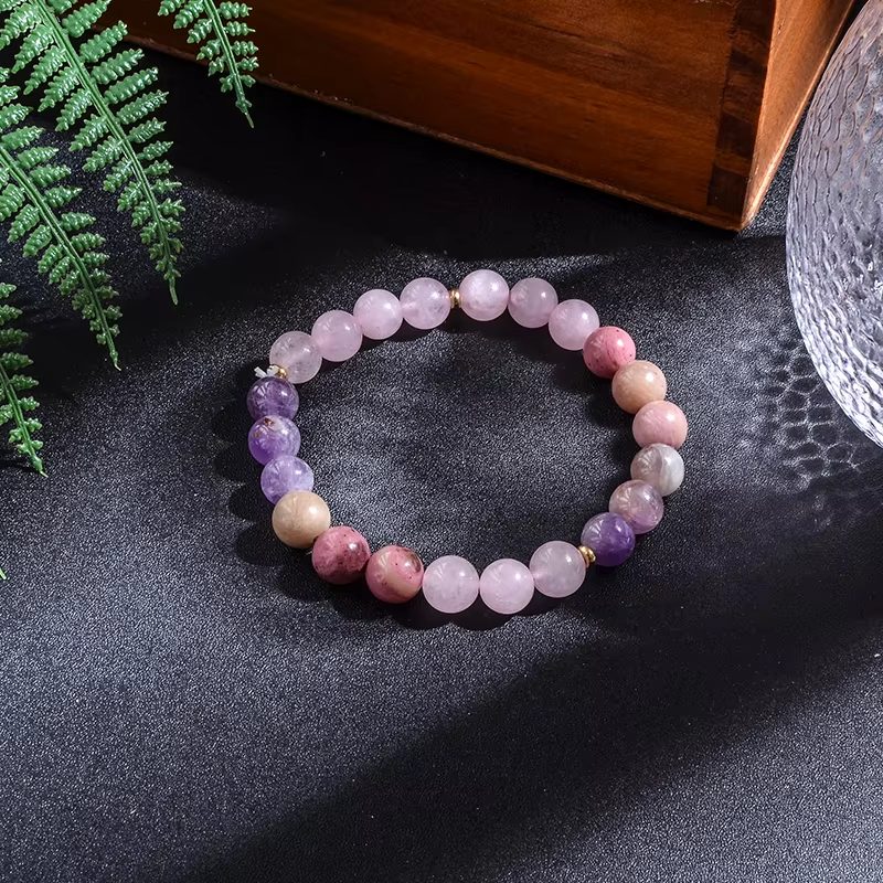 Rhodolite, Rose Quartz, Amethyst Mala bracelet