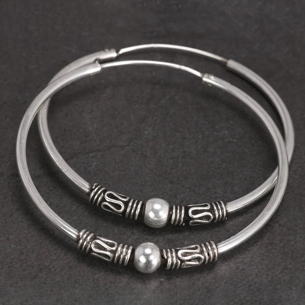 Large boho vintage silver hoop earrings