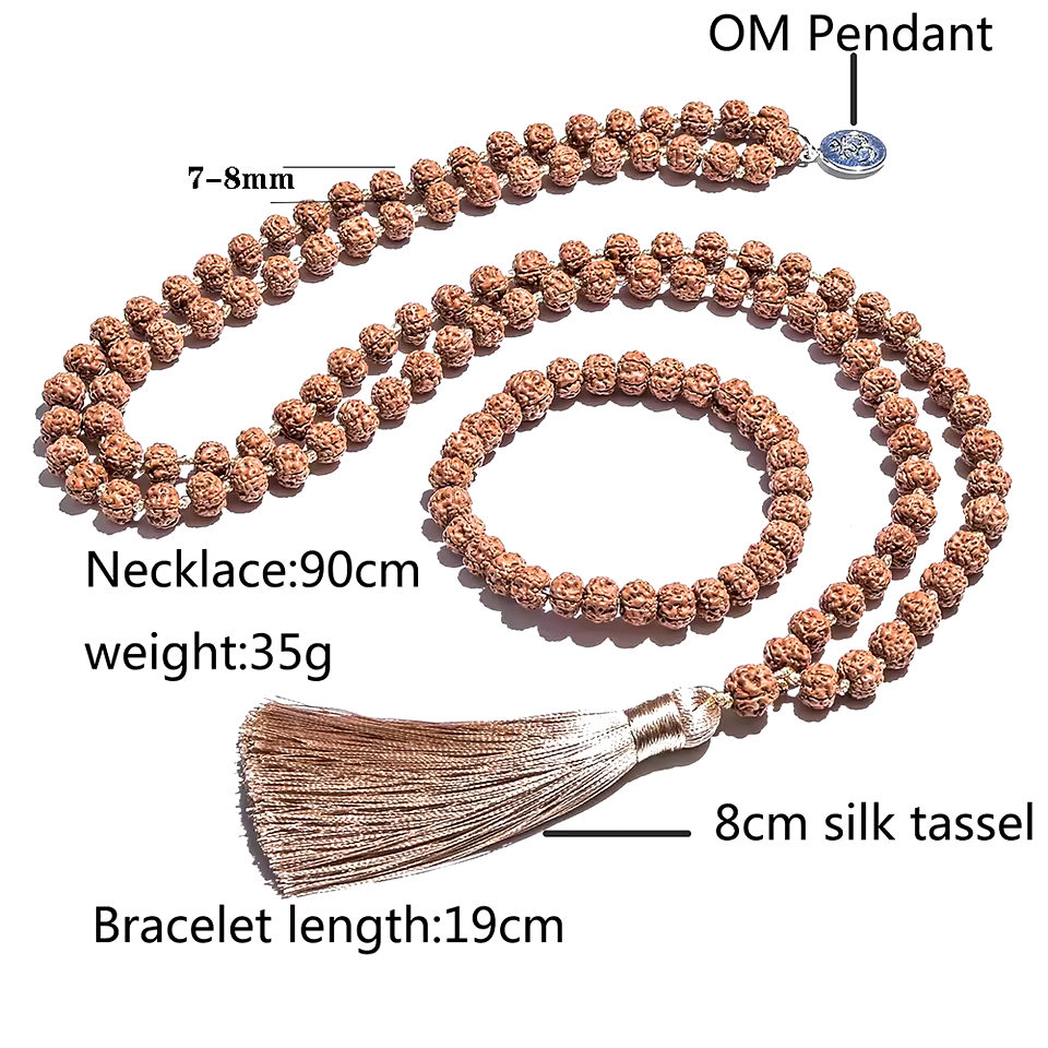Long Rudraksha mala necklace displayed for meditation