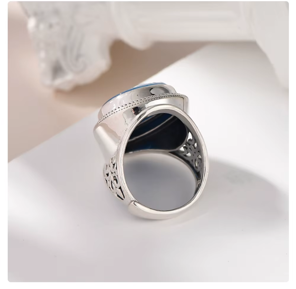 Blue and white shell cameo ring back side