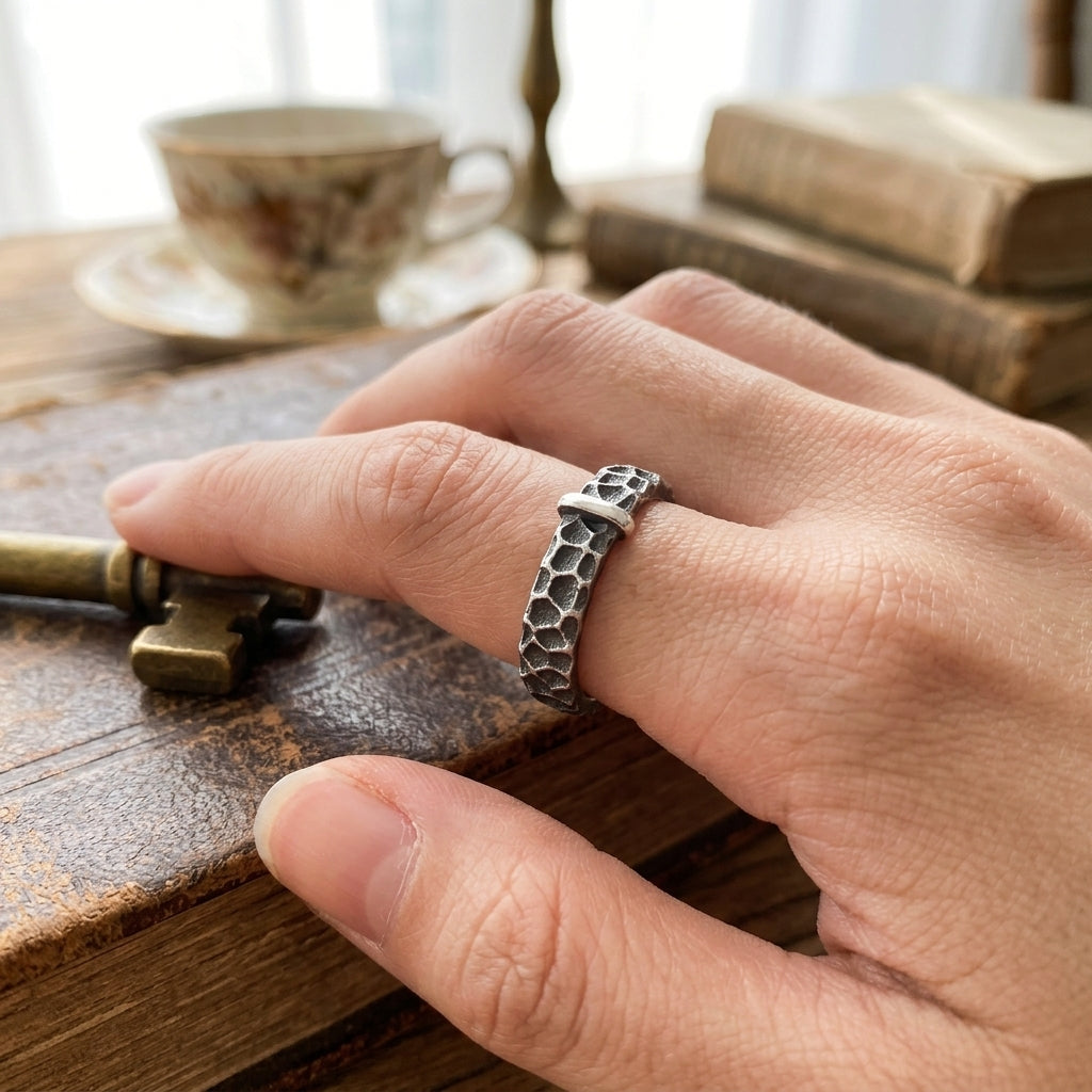 Close-up of a hand wearing a rustic, textured silver band ring with an oxidized grid pattern, resting on an old leather book next to an antique brass key in a sunlit room.