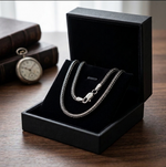 Premium 925 sterling silver spiga link necklace presented in an open black gift box