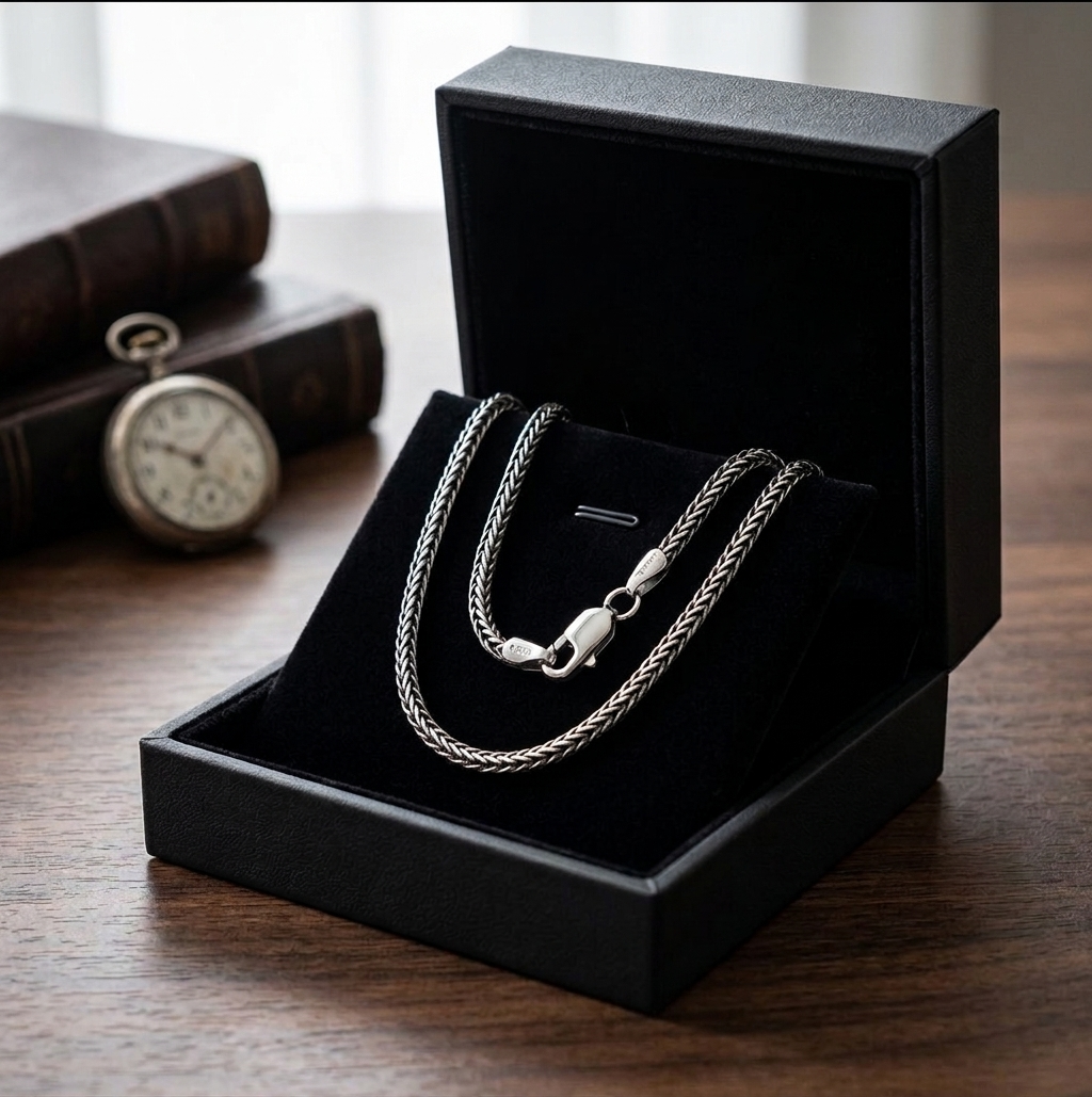 Premium 925 sterling silver spiga link necklace presented in an open black gift box