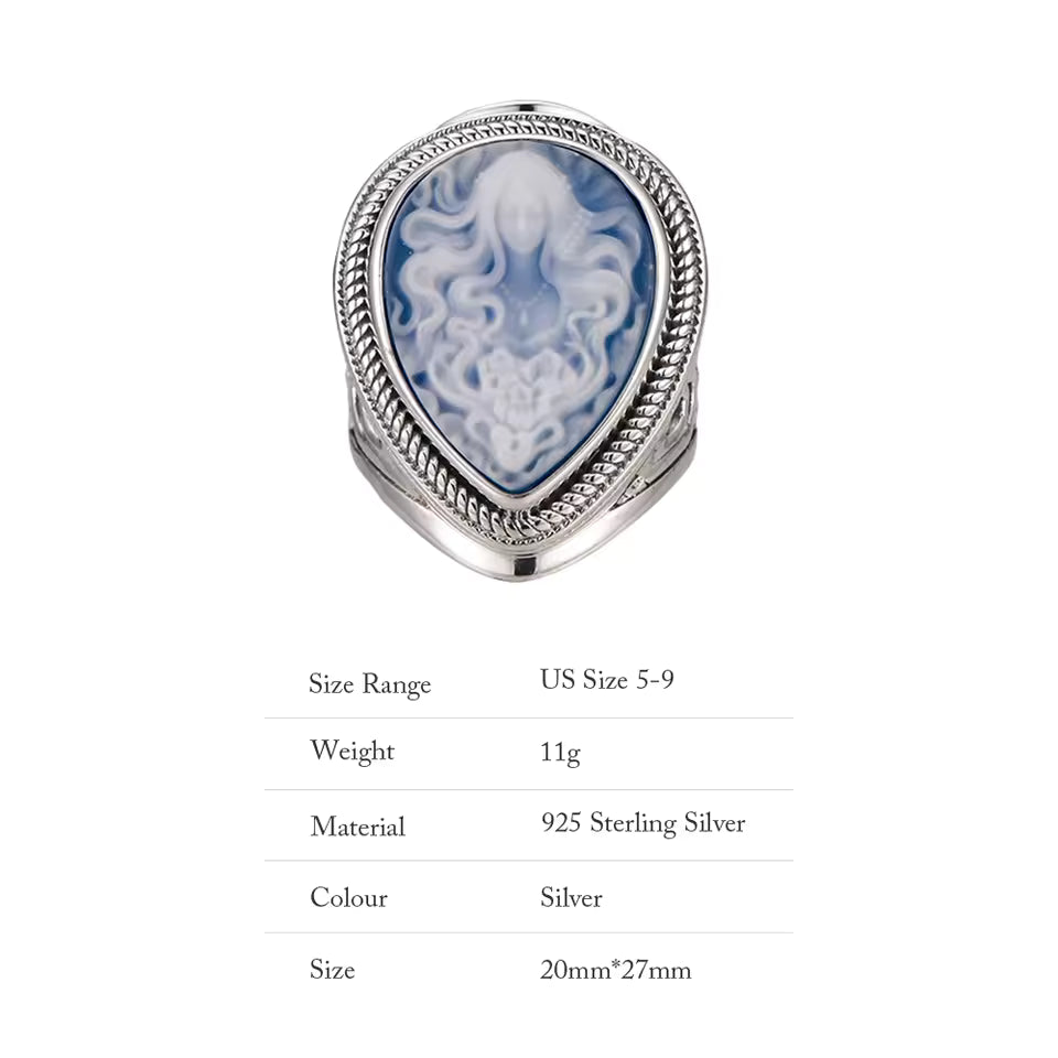 Cameo ring with lady figure in silver