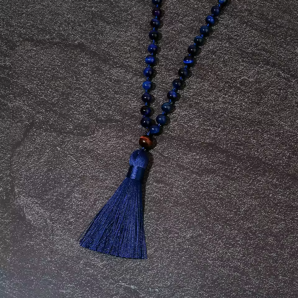 ּBlue Tiger's Eye 108 Mala  Buddhist Necklace