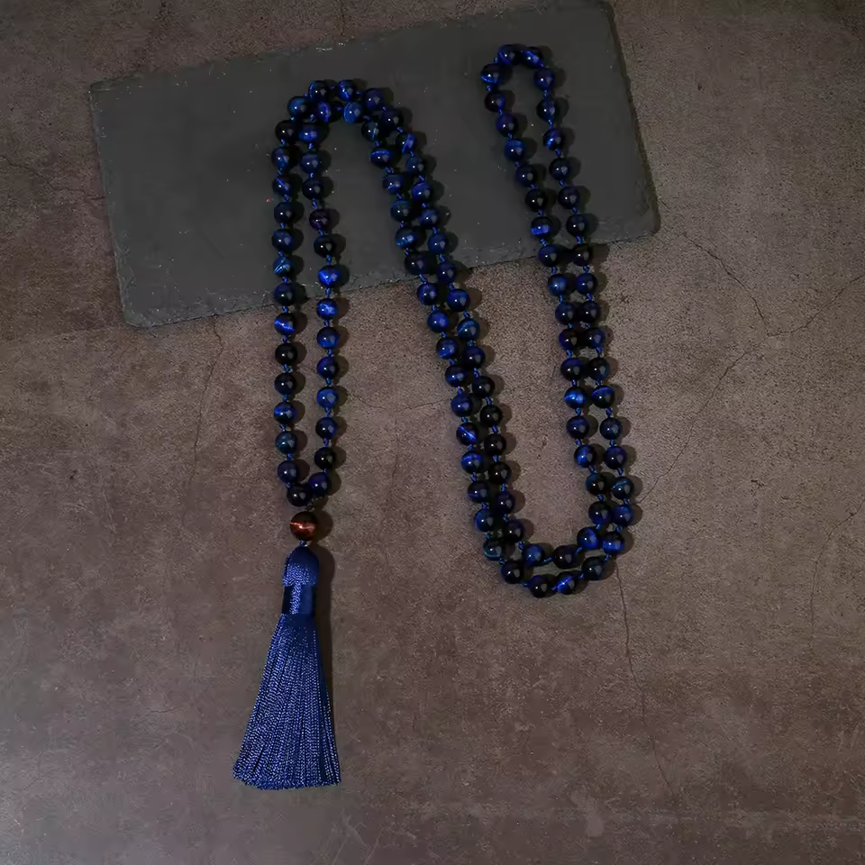 ּBlue Tiger's Eye 108 Mala  Buddhist Necklace