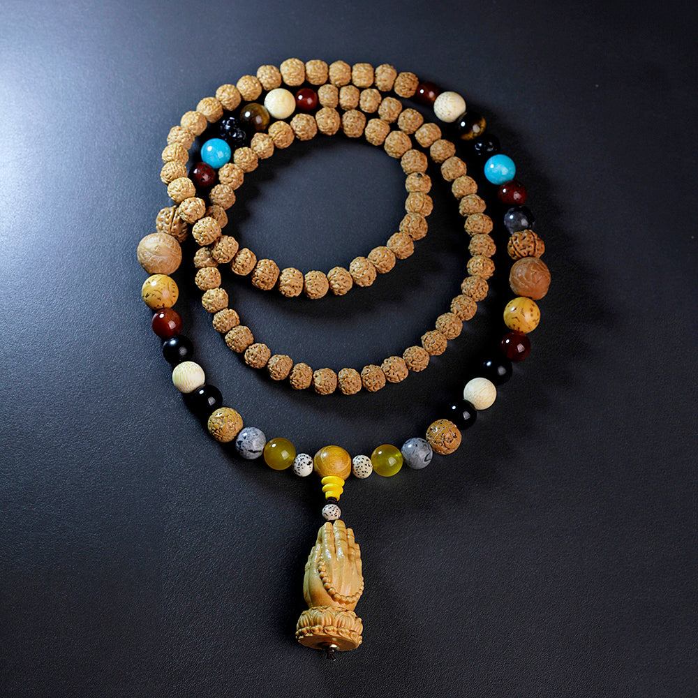 rudraksha mala necklace buddha prayer hands pendant