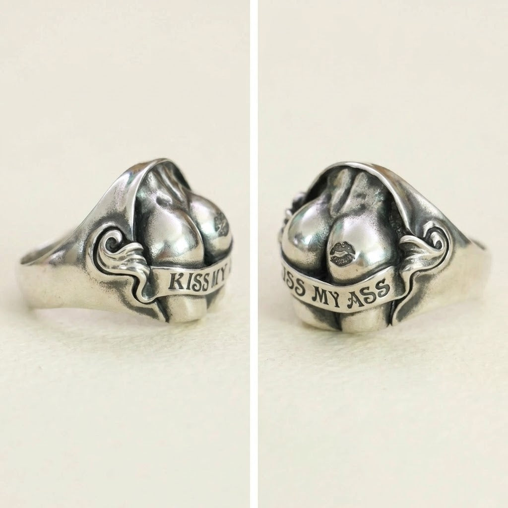 Side-by-side comparison shot showing two different angles (side profile and front view) of the silver butt ring on a light neutral surface