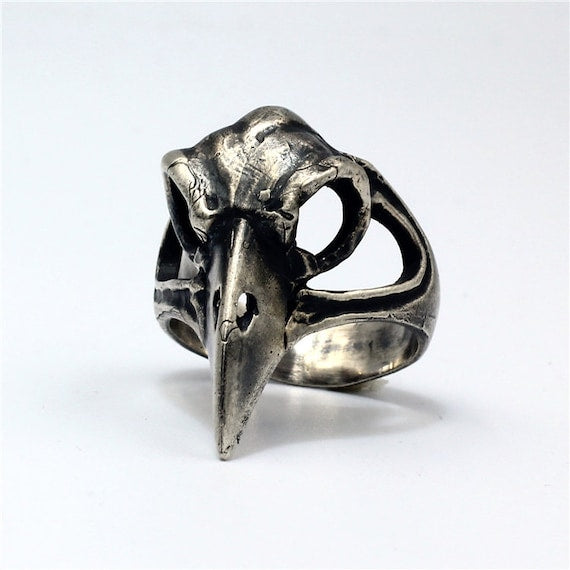 Silver Raven Skull Ring 