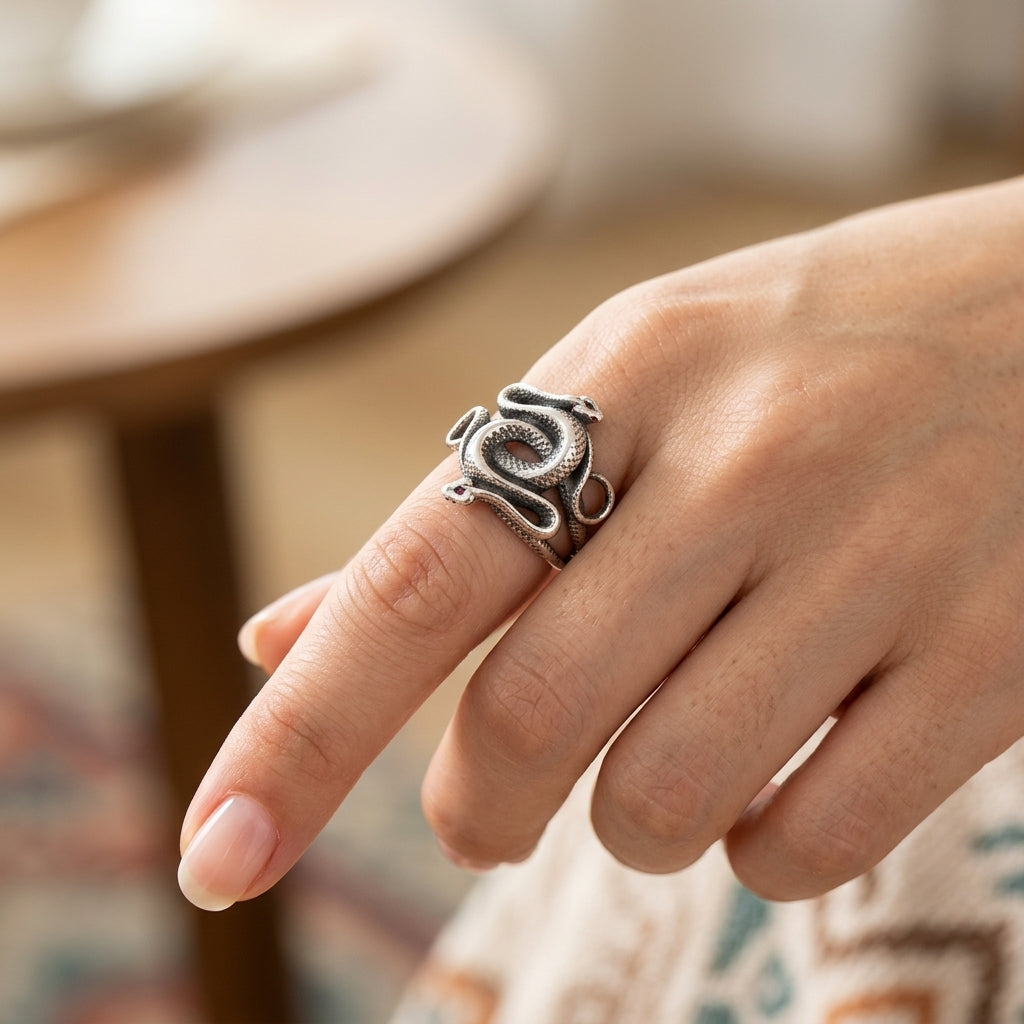 Silver snake ring worn on woman finger