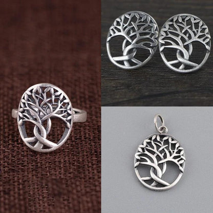 Sterling Silver Tree of Life Jewelry Set Ring Earrings Pendant for Women