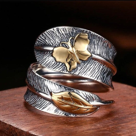 Sterling silver butterfly feather ring