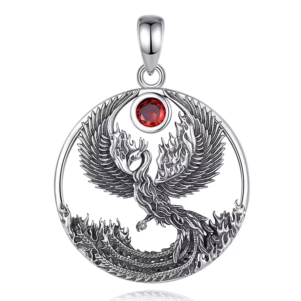 Sterling silver phoenix pendant front view