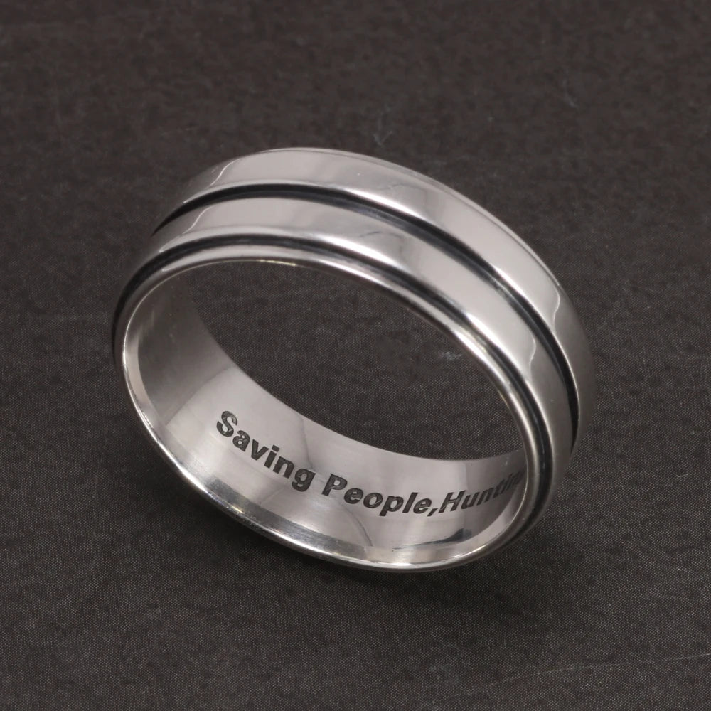 Supernatural engraved quote band ring front profile on display